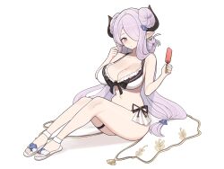 1girl absurdres bikini black_ribbon blue_eyes blush breasts brown_horns butterfly_earrings cleavage commentary_request double_bun draph earrings food frilled_bikini frills full_body granblue_fantasy hair_bun hair_intakes hair_over_one_eye highres holding holding_food holding_popsicle horns jewelry knees_up korean_commentary kurowanjjyang large_breasts narmaya_(granblue_fantasy) narmaya_(summer)_(granblue_fantasy) navel official_alternate_costume pink_hair pointy_ears popsicle ribbon sandals simple_background single_earring sitting solo star_(symbol) star_earrings swimsuit thighs white_background white_bikini