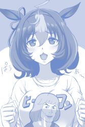 1girl abriel00 ahoge animal_ears blue_theme blush bow breasts character_print commentary_request ear_ribbon horse_ears horse_girl large_breasts looking_at_viewer masters_of_the_universe medium_hair meisho_doto_(umamusume) monochrome multicolored_hair open_mouth prince_adam shirt solo t-shirt two-tone_hair umamusume upper_body