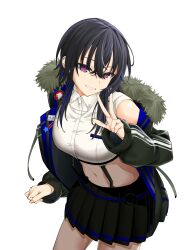 1girl absurdres black_hair black_skirt cowboy_shot crossed_bangs fur-trimmed_jacket fur_trim grin hair_between_eyes highres ichinose_uruha ichinose_uruha_(4th_costume) jacket lupinus_virtual_games midriff multicolored_hair navel open_clothes open_jacket pleated_skirt purple_eyes shirt simple_background single_bare_shoulder single_off_shoulder skirt smile solo streaked_hair uwanosora000 virtual_youtuber vspo! w white_background white_shirt wolf_cut