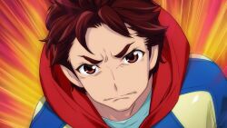 1boy blue_hoodie casual clenched_teeth determined dutch_angle fukuda_tomonori furrowed_brow game_cg highres hood hoodie looking_at_viewer motion_lines non-web_source official_art parted_lips red_eyes red_hair red_hood robotics;notes shiny_eyes shiny_lips shiny_skin solo striped_clothes striped_hoodie teeth yashio_kaito