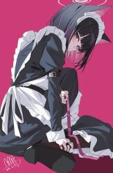 1girl absurdres alternate_costume animal_ears apron black_dress black_hair black_shoes black_socks blue_archive blunt_bangs blush cat_ears cat_girl closed_mouth colored_inner_animal_ears colored_inner_hair dress hairband highres holding holding_ribbon jewelry kazusa_(blue_archive) looking_at_viewer maid maid_apron maid_headdress multicolored_hair multiple_rings pink_eyes pink_ribbon qtian ribbon ring shoes short_hair sidelocks socks solo two-tone_hair white_apron white_hairband