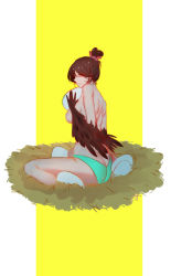 1girl absurdres ass back bike_(pixiv19828655) bird_nest breasts brown_eyes brown_hair egg eyes_visible_through_hair feathered_wings female_focus food from_behind full_body green_panties groin hair_between_eyes hair_bun hair_ornament highres holding holding_egg holding_food in_nest large_breasts looking_at_viewer looking_back mei_(overwatch) nest overwatch overwatch_1 panties profile short_hair shoulder_blades single_hair_bun sitting solo topless_female underwear wariza winged_arms wings