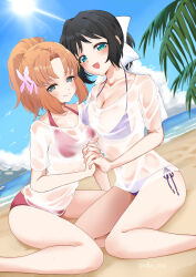 2girls absurdres asymmetrical_docking beach bikini black_hair blue_eyes blue_sky breast_press breasts brown_hair cloud commentary_request commission day dutch_angle green_eyes hair_ribbon highres holding_hands horizon kohinata_miku large_breasts long_hair looking_at_viewer medium_breasts multiple_girls ocean open_mouth outdoors ponytail purple_bikini red_bikini ribbon see-through_clothes see-through_shirt senki_zesshou_symphogear serena_cadenzavna_eve shirt short_hair side-tie_bikini_bottom skeb_commission sky smile swimsuit tsugai_(pcks_tsu) white_shirt