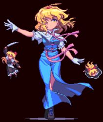 1girl alice_margatroid black_background blonde_hair blue_dress capelet dress full_body gloves hairband pixel_art potemki11 red_hairband shanghai_doll short_hair solo touhou white_capelet white_gloves