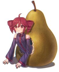 1girl :o ahoge black_shirt black_sleeves blush breast_pocket detached_sleeves drill_hair food fruit hair_between_eyes highres hole kasane_teto long_sleeves looking_at_viewer nyaaaa252 open_mouth pear pearto pocket red_eyes red_hair red_nails shadow shirt simple_background solo twin_drills utau white_background