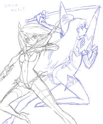 2girls ass bad_id bad_pixiv_id boots breasts cosplay crossover cure_black cure_white eyelashes facing_viewer fighting_stance futari_wa_precure gloves half_updo high_heel_boots high_heels junketsu kill_la_kill kiryuuin_satsuki kiryuuin_satsuki_(cosplay) long_hair looking_at_viewer magical_girl matoi_ryuuko matoi_ryuuko_(cosplay) microskirt midriff misumi_nagisa monochrome multiple_girls navel one_side_up pleated_skirt precure revealing_clothes senketsu serious short_hair simple_background sketch skirt sorashu suspenders sword thigh_boots thighhighs thighs translated underboob weapon white_background yukishiro_honoka