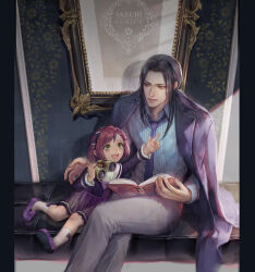 Rule 34 | akechi mitsuhide (sengoku musou), bench, binoculars, black hair, book, bow, bowtie, coat, crossed legs, father and daughter, frilled sleeves, frills, green eyes, hair ribbon, hand on another&#039;s back, hosokawa gracia, jacket, long bangs, long hair, necktie, open mouth, pants, pointing, portrait, reading, red hair, ribbon, sengoku musou, side-by-side, sitting, skirt, smile, socks, suit jacket, sunlight, yoshicha