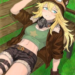 Rule 34 | 1girl, absurdres, belt, bench, blonde hair, blue eyes, breasts, brown gloves, brown hat, brown jacket, brown shorts, cleavage, cowboy shot, dq (ryenoko), gloves, goggles, goggles on headwear, grass, green shirt, grin, hand up, hat, highres, jacket, lilya (reverse:1999), long hair, looking to the side, lying, mask, mask around neck, medium breasts, midriff, navel, on back, on bench, oxygen mask, park bench, reverse:1999, shirt, short shorts, shorts, smile, solo, thigh belt, thigh strap