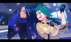 2girls black_gloves black_necktie blue_eyes blue_gloves bright_pupils brown_shirt cloud commentary_request dark-skinned_female dark_skin eyelashes full_moon geeta_(pokemon) gloves green_hair index_finger_raised letterboxed logi_bunbukucha long_hair long_sleeves looking_back moon multiple_girls necktie night night_sky nintendo pokemon pokemon_sv ponytail red_eyes rika_(pokemon) shirt sky smile sparkle star_(sky) teeth upper_body white_pupils yellow_pupils