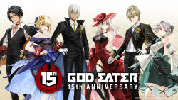 3boys 3girls absurdres alisa_ilinichina_amiella bare_shoulders black_hair blonde_hair blue_dress blue_eyes breasts ciel_alencon claire_victorious cleavage dark_skin dress formal_clothes god_eater god_eater_2:_rage_burst god_eater_3 green_dress hat highres hugo_pennywort julius_visconti large_breasts long_hair multiple_boys multiple_girls official_art red_dress red_eyes see-through_clothes soma_schicksal suit underboob white_hair