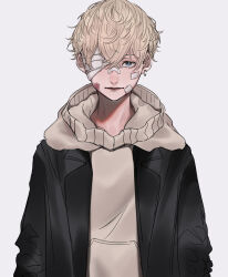 Rule 34 | 1boy, absurdres, bandage over one eye, bandaid, bandaid on cheek, bandaid on face, bandaid on nose, black jacket, blonde hair, blue eyes, brown sweater, bruise, bruise on face, closed mouth, crossed bangs, earrings, grey background, hair between eyes, highres, injury, jacket, jewelry, long sleeves, looking at viewer, male focus, mano aaa, matsuno chifuyu, one eye covered, open clothes, open jacket, short hair, simple background, single earring, solo, straight-on, sweater, tokyo revengers, upper body, very short hair