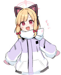 1girl :3 :d animal_ear_headphones animal_ears blonde_hair blue_archive blunt_bangs blush bow cat_ear_headphones cat_ears character_name coat commentary_request cropped_torso dot_nose fake_animal_ears hair_bow halo headphones long_sleeves looking_at_viewer low-tied_sidelocks medium_hair mittens mkr_nk momoi_(blue_archive) momoi_(winter)_(blue_archive) multicolored_coat multiple_hair_bows official_alternate_costume open_mouth parted_bangs pink_eyes pink_halo pink_mittens puffy_long_sleeves puffy_sleeves purple_coat red_bow scarf scarf_bow sidelocks simple_background sleeves_past_wrists smile solo tareme teeth text_print upper_body upper_teeth_only v-shaped_eyebrows white_background white_coat white_scarf winter_clothes winter_coat zipper zipper_pull_tab