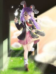 1girl absurdres animal_ears bag black_jacket blazer brown_shoes chinese_commentary closed_mouth cloud collared_shirt commentary_request cookie_(touhou) fire full_body grass grey_bag highres hisui_(cookie) holding holding_bag jacket loafers long_hair long_sleeves looking_to_the_side miao_miao_mao_miao_miao_fr necktie orange_sky pink_skirt pleated_skirt purple_hair rabbit_ears rabbit_girl red_eyes red_necktie reisen_udongein_inaba shirt shoes skirt sky socks solo surreal swept_bangs touhou walking white_fire white_shirt white_socks window