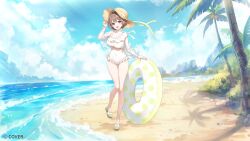 Rule 34 | 1girl, :d, absurdres, ahoge, beach, brown hair, casual one-piece swimsuit, choker, coconut tree, copyright notice, covered navel, day, frilled one-piece swimsuit, frills, full body, hand up, harusaki nodoka, hat, highres, holding, holding swim ring, hololive, innertube, jacket, looking at viewer, misyune, ocean, official alternate costume, official art, one-piece swimsuit, open mouth, outdoors, palm tree, pink eyes, see-through clothes, see-through jacket, short hair, slippers, smile, solo, straw hat, sun hat, swim ring, swimsuit, tree, virtual youtuber, white choker, white one-piece swimsuit