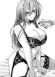 Rule 34 | 1girl, blush, braid, breasts, cleavage, closed mouth, english text, greyscale, hong meiling, koyubi (littlefinger1988), large breasts, long hair, looking at viewer, monochrome, multiple scars, scar, simple background, sitting, solo, touhou, twin braids, white background
