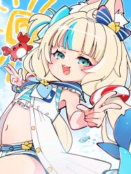 1girl ahoge animal_ear_fluff animal_ears bikini blonde_hair blue_bikini blue_bow blue_eyes blue_hair bow breasts cat_ears dress fins fish_girl fish_tail hair_bow highres indie_virtual_youtuber kaniki_(sameko_saba) lifebuoy_hair_ornament long_hair low_twintails makugiga multicolored_hair navel one_side_up open_mouth sameko_saba short_shorts shorts sleeveless sleeveless_dress small_breasts smile solo streaked_hair striped_bikini striped_clothes sun swimsuit tail twintails very_long_hair virtual_youtuber white_dress white_shorts