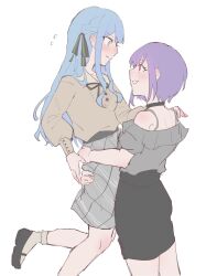 Rule 34 | 2girls, bang dream!, bang dream! it&#039;s mygo!!!!!, black choker, black shoes, black skirt, blue hair, blush, brown shirt, carrying, carrying person, choker, commentary, flying sweatdrops, grey shirt, grey skirt, highres, hui 0w0, long hair, long sleeves, multiple girls, off-shoulder shirt, off shoulder, parted lips, pink eyes, plaid clothes, plaid skirt, purple hair, shirt, shoes, short hair, simple background, skirt, smile, socks, symbol-only commentary, togawa sakiko, white background, white socks, yellow eyes, yuri, yuutenji nyamu