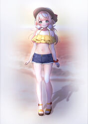 1girl arms_at_sides bare_legs bare_shoulders bikini bikini_top_only blonde_hair blue_shorts blush bow breasts brown_hat closed_mouth denim denim_shorts frilled_bikini frills full_body green_eyes hair_bow hair_ornament hair_rings halterneck hat hat_ribbon indie_virtual_youtuber kudok87 long_hair low_twintails midriff navel off-shoulder_bikini off_shoulder pom_pom_(clothes) pom_pom_hair_ornament ribbon sandals scrunchie shadow shigure_ui_(vtuber) short_shorts shorts small_breasts smile solo standing swimsuit twintails virtual_youtuber wrist_scrunchie yellow_bikini yellow_sandals