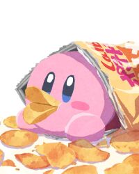 blue_eyes blush_stickers chips_(food) commentary food food_in_mouth highres kirby kirby_(series) miclot nintendo no_humans potato_chips simple_background solo white_background