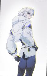 1boy aqua_eyes black_gloves blue_pants blue_wetsuit cowboy_shot cropped_jacket final_fantasy final_fantasy_vii final_fantasy_vii_ever_crisis gloves grey_hair hair_between_eyes highres jacket lily_(shio1006) long_sleeves looking_back male_focus official_alternate_costume pants sephiroth sephiroth_(ever_crisis) sephiroth_(natant_jacket) short_hair solo white_background white_jacket