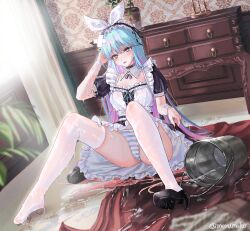 1girl black_dress blue_panties blush bow bucket bucket_of_water bucket_spill clumsy dress feet frills hair_bow highres indoors knees_up legs long_hair maid maid_headdress merumeko multicolored_hair no_shoes open_mouth original panties pantyshot puffy_short_sleeves puffy_sleeves see-through_clothes short_sleeves solo spill star-shaped_pupils star_(symbol) striped_clothes striped_panties symbol-shaped_pupils thighhighs thighs toes two-tone_hair underwear upskirt water wet wet_clothes wet_panties