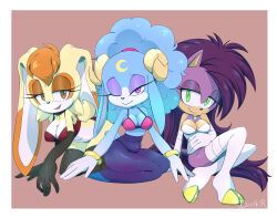 3girls ariem_(sonic) benshir125 bra breasts brown_eyeshadow brown_hair cleavage elbow_gloves facial_mark forehead_mark furry furry_female gloves hedgehog_girl highres horns in-franchise_crossover large_breasts long_eyelashes mature_female multiple_girls purple_hair queen_aleena_hedgehog rabbit_girl rabbit_tail seductive_smile sheep_girl sheep_horns smile sonic_(series) sonic_dream_team sonic_underground tail underwear vanilla_the_rabbit very_long_ears