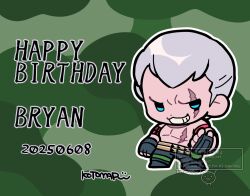 1boy blue_eyes bryan_fury camouflage_background character_name chibi chibi_only dated fingerless_gloves gloves grey_hair grin happy_birthday kotorai male_focus pectorals scar scar_across_eye scar_on_face short_hair signature smile solo tekken topless_male