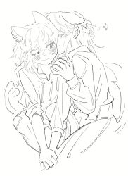Rule 34 | 2girls, absurdres, animal ears, beamed eighth notes, blush, braid, cat ears, cat girl, cat tail, chinese commentary, closed eyes, closed mouth, commentary request, commission, dog ears, dog girl, dog tail, greyscale, half up braid, hand on another&#039;s shoulder, highres, hood, hoodie, kemonomimi mode, kiss, kissing cheek, lanserongjie, miyagi shiori, monochrome, multiple girls, musical note, one eye closed, second-party source, sendai hazuki, shuuniichido classmate wo kau hanashi, smile, tail, yuri