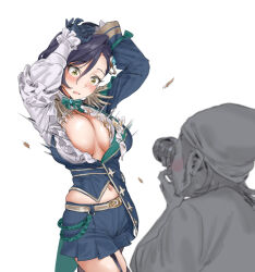 1boy 1girl arms_up asymmetrical_clothes black_hair blue_gloves blue_jacket blue_skirt blush bow bowtie breasts camera commentary_request frilled_shirt frills gloves green_bow green_bowtie hair_between_eyes hamedoragon hayami_kanade holding holding_camera idolmaster idolmaster_cinderella_girls idolmaster_cinderella_girls_starlight_stage jacket large_breasts long_sleeves navel official_alternate_costume partially_colored popped_button shirt short_hair simple_background skindentation skirt wardrobe_malfunction white_background white_shirt wide-eyed