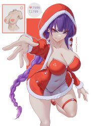 1girl breasts closed_mouth collarbone commentary dress foot_out_of_frame genshin_impact heart_pasties highres hood hooded_jacket inset jacket large_breasts like_and_retweet long_hair looking_at_viewer low-braided_long_hair low-tied_long_hair melowh navel open_clothes open_jacket outline outstretched_arm panties pasties patreon_username purple_eyes purple_hair purple_panties raiden_shogun red_background red_dress red_footwear red_hood red_jacket see-through_clothes smile solo speech_bubble standing standing_on_one_leg strapless strapless_dress thigh_strap two-tone_background underwear very_long_hair white_background white_outline