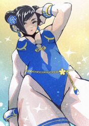 Rule 34 | 1girl, belly chain, blue one-piece swimsuit, bracelet, breasts, brown hair, capcom, chun-li, cleavage, cowboy shot, double bun, e-kaki, earrings, flower, from below, gradient background, hair bun, hair flower, hair ornament, hand in own hair, highres, jewelry, looking at viewer, official alternate costume, one-piece swimsuit, solo, sparkle, street fighter, street fighter 6, swimsuit, thighlet