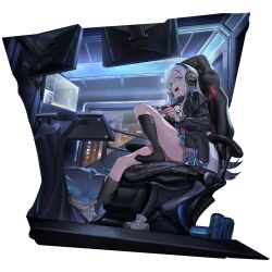 1girl black_jacket black_socks blue_skirt can chair city_lights controller game_cg gaming_chair girls&#039;_frontline girls&#039;_frontline_neural_cloud grey_hair hair_over_one_eye headphones highres holding holding_controller jacket kuro_(neural_cloud) livestream mdr_(girls&#039;_frontline) monitor night official_art on_chair open_mouth playing_games ran_(bukeranwu) sitting skirt smile socks swivel_chair third-party_source transparent_background unworn_shoe window