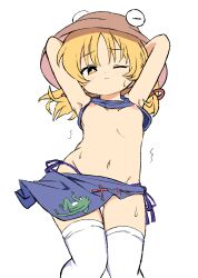 1girl absurdres animal_print armpits arms_behind_head arms_up blonde_hair blush breasts brown_hat closed_mouth cowboy_shot dot_nose frog frog_print hair_ribbon hat highres knees_together_feet_apart looking_at_viewer moriya_suwako motion_lines navel nipples one_eye_closed purple_skirt purple_vest pyonta ramudia_(lamyun) red_ribbon ribbon short_hair sidelocks skirt small_breasts solo stomach sweat thighhighs thighs touhou trembling tress_ribbon vest yellow_eyes