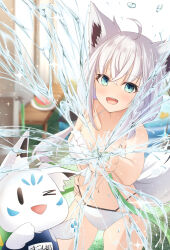 1girl ahoge animal_ear_fluff animal_ears bare_shoulders bikini blue_eyes blush braid breasts cleavage collarbone food fox_ears fox_girl fox_tail frilled_bikini frills fruit hair_between_eyes hand_on_own_hip holding holding_hose hololive hose long_hair looking_at_viewer medium_breasts navel one_eye_closed open_mouth shirakami_fubuki side_braid smile stomach sukonbu_(shirakami_fubuki) swimsuit syukuri_works tail virtual_youtuber water watermelon white_bikini white_hair