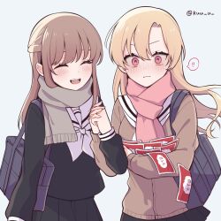 ! !! 2girls bag black_serafuku black_skirt blonde_hair blush brown_hair brown_sweater closed_eyes closed_mouth grey_scarf highres hiyama_yurina holding_hands kimura_honoka kuu_(abc823) long_hair long_sleeves multiple_girls neckerchief open_mouth pink_eyes pink_scarf pleated_skirt scarf school_bag school_uniform serafuku shoujo_manga_shujinkou_x_rival-san skirt smile spoken_exclamation_mark surprised sweater teeth twitter_username upper_teeth_only white_background white_neckerchief yuri