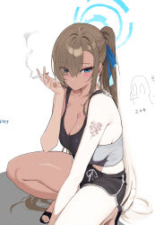 1girl alternate_costume alternate_hairstyle arm_tattoo armpit_crease asuna_(blue_archive) bare_shoulders between_legs black_sandals black_shorts blue_archive blue_eyes blue_halo blue_ribbon blush breasts brown_hair casual cigarette cleavage closed_mouth collarbone commentary_request crop_top dolphin_shorts doodle_inset eyelashes eyes_visible_through_hair flower_tattoo hair_between_eyes hair_over_one_eye hair_over_shoulder hair_ribbon halo hand_between_legs hand_up highres holding holding_cigarette knees_out_of_frame large_breasts long_hair looking_at_viewer mole mole_on_breast ponytail ribbon sandals shorts sidelighting sidelocks signallerc simple_background smoke smoking solo squatting straight_hair tattoo thighs very_long_hair white_background