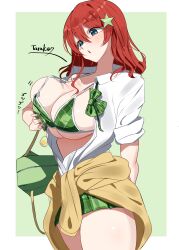 1girl absurdres aqua_eyes aqua_hair arm_behind_back artist_name bikini blush border bow bowtie bra breast_conscious breasts brown_cardigan brown_hair cardigan cardigan_around_waist cleavage clothes_around_waist collared_shirt commentary_request emma_verde grabbing_own_breast green_background green_bikini green_bow green_bowtie green_bra green_skirt gyaru hair_between_eyes hair_ornament highres large_breasts long_hair love_live! love_live!_nijigasaki_high_school_idol_club miniskirt open_mouth outside_border plaid_bow plaid_bowtie plaid_clothes plaid_skirt pleated_skirt red_hair school_uniform shirt simple_background skirt sleeves_rolled_up solo standing star_(symbol) star_hair_ornament swimsuit tarakon thighhighs thighs unaligned_breasts underboob underwear white_border white_shirt