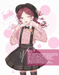 1girl ;d black_thighhighs bow bowtie braid cheek_poking cowboy_shot earrings english_text hat hat_bow highres jewelry looking_at_viewer one_eye_closed open_mouth original pink_eyes pink_hair pink_sweater pink_theme poking ribbed_sweater skirt smile solo speech_bubble star_pin stud_earrings suspender_skirt suspenders sweater thighhighs twin_braids yoimon zettai_ryouiki
