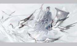 1boy absurdres arm_up bird black_hair calligraphy_brush chinese_clothes chinese_commentary closed_mouth crane_(animal) dao_gui_yi_xian faux_traditional_media flower full_body guikong560 hanfu hanging_scroll hat hat_ribbon highres holding holding_calligraphy_brush holding_paintbrush ink_wash_painting jewelry jin_(headwear) letterboxed long_sleeves looking_at_viewer male_focus paintbrush painting_(action) ribbon robe scroll short_hair smile solo water waves white_hanfu white_hat wide_sleeves zhouzi_jin_(headwear) zhuge_yuan
