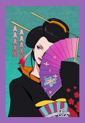 1girl black_hair blue_eyes border closed_mouth eyelashes geisha hair_ornament hand_fan hashtag-only_commentary highres holding holding_fan kanzashi looking_to_the_side miuny nico_robin obi one_piece purple_border red_lips sash solo upper_body wide_sleeves