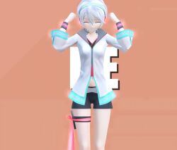 1girl 3d absurdres belt black_shorts blue_eyes boots hair_between_eyes hand_up headset highres jacket leg_ribbon long_sleeves red_ribbon ribbon short_hair short_shorts shorts simple_background solo standing vocaloid vsinger_(vocaloid) white_jacket wristband yanhe yanhe_v3