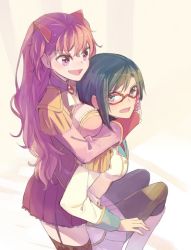 10s 2girls :d angry aqua_hair between_breasts blue_eyes blue_hair blush breast_rest breasts charlotte_scherzen charlotte_shalzen dress epaulettes female_focus garter_straps glasses hug hug_from_behind large_breasts long_hair long_sleeves looking_at_another looking_back looking_down looking_up multiple_girls nail_polish naughty_face open_mouth pantyhose pink_hair purple_eyes red-framed_eyewear shigure_kasumi short_hair shy sitting skirt smile sou_(tuhut) standing surprised sweat thighhighs uniform valkyrie_drive valkyrie_drive_-mermaid- yuri zettai_ryouiki