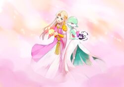 2girls armor blonde_hair blue_eyes bob_cut colored_skin crossover dress earrings fire fireball gardevoir gen_3_pokemon green_hair green_skin hair_over_one_eye highres jewelry keikei_927 long_hair multicolored_skin multiple_girls necklace nintendo pointy_ears pokemon pokemon_(creature) princess_zelda second-party_source shadow_ball_(pokemon) shoulder_armor smile the_legend_of_zelda the_legend_of_zelda:_a_link_between_worlds triforce two-tone_skin white_dress white_skin