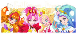 4girls :d ahoge akagi_towa amanogawa_kirara aqua_eyes aqua_hair artist_logo bare_shoulders big_hair blonde_hair blue_eyes choker commentary_request copyright_name cure_flora cure_mermaid cure_scarlet cure_twinkle earrings eyelashes go!_princess_precure hair_ornament happy haruno_haruka jewelry kaidou_minami kamikita_futago logo looking_at_viewer magical_girl multicolored_hair multiple_girls open_mouth orange_hair pink_eyes pink_hair precure purple_hair red_eyes smile star_(symbol) star_earrings streaked_hair two-tone_hair