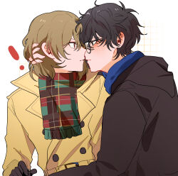 ! 2boys absurdres akechi_gorou amamiya_ren black_hair blue_scarf blush brown_hair coat fsmaichobpeg0 glasses hair_between_eyes highres male_focus multiple_boys persona persona_5 red_eyes scarf short_hair winter_clothes yaoi