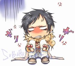 1boy anger_vein angry animal animal_around_neck black_hair blank_eyes brown_shoes clenched_teeth commentary_request fox full_body hands_on_own_legs looking_at_viewer lowres male_focus matoyuuki pants professor_(ragnarok_online) ragnarok_online red_shirt shirt shoes short_bangs short_hair sitting solo teeth white_background white_pants
