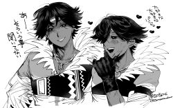 1boy absurdres black_gloves blood blood_on_face blush chest_harness cropped_torso fire_emblem fire_emblem_engage fogado_(fire_emblem) gloves greyscale grin hand_on_own_chin harness heart highres jewelry male_focus mochako_(motyako_1005) monochrome multiple_views necklace nintendo partially_shaded_face scar scar_on_arm shirt short_hair simple_background smile teeth twitter_username white_background