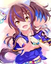 1girl animal_ears arm_up belt blue_hair blue_nails blue_shirt blush bracelet breasts brown_hair clothing_cutout commentary_request cowboy_shot daitaku_helios_(umamusume) denim denim_shorts ear_covers ear_ornament facial_tattoo hair_between_eyes hair_ornament hairclip highres horse_ears horse_girl horse_tail jewelry kanon_(user_rrhr4244) long_hair looking_at_viewer medium_breasts multicolored_hair navel necklace open_mouth shirt short_shorts short_sleeves shorts shoulder_cutout sidelocks smile solo standing streaked_hair sweat tail tattoo tied_shirt two-tone_hair umamusume wristband yellow_belt yellow_eyes