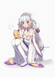 1girl absurdres animal bare_shoulders blunt_bangs blush boots braid breasts cat cleavage commentary crown_braid dress emilia_(re:zero) flower hair_flower hair_ornament hair_ribbon highres holding holding_animal holding_cat ku-ini light_purple_hair long_hair low-tied_long_hair medium_breasts pointy_ears purple_eyes purple_ribbon re:zero_kara_hajimeru_isekai_seikatsu ribbon rose silver_hair simple_background smile white_background white_boots white_flower white_legwear white_rose x_hair_ornament