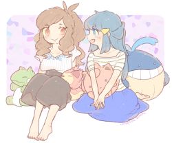 2017 2girls :d alternate_costume antenna_hair barefoot black_skirt blue_eyes blue_hair blue_skirt brown_hair closed_mouth collarbone creatures_(company) dark_blue_hair dated dawn_(pokemon) game_freak gen_1_pokemon gen_3_pokemon hair_ornament half_updo high-waist_skirt hilda_(pokemon) jigglypuff katiko long_hair looking_at_another multiple_girls nintendo no_nose open_mouth orange_eyes pokemon pokemon_bw pokemon_dppt ponytail shirt short_sleeves sidelocks skirt skitty smile striped_clothes striped_shirt stuffed_toy substitute_(pokemon) twitter_username v_arms vertical-striped_clothes vertical-striped_shirt wailmer wide_ponytail